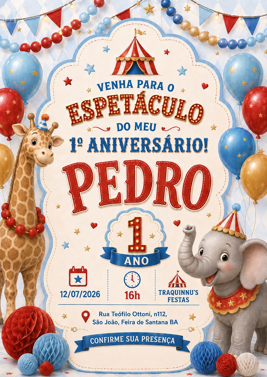 Convite — Espetáculo do 1º aniversário do Pedro, 12/07/2026 às 16h na Traquinnu's Festas